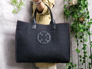 超美品●TORY BURCH トリーバーチ●エラ●ウール カーフ レザー 本革●トート バッグ●ネイビー●G金具●肩掛け●A4 書類 かばん●Js43989