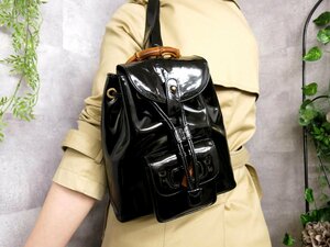 ●超美品●GUCCI グッチ●バンブー●エナメル パテント レザー 本革●リュックサック●黒●ゴールド金具●イタリア製●Js44290