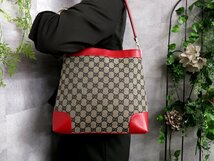 ●超美品●GUCCI グッチ●GGキャンバス カーフ レザー 本革●ワンショルダー バッグ●ベージュ 赤 ネイビー●G金具●B5 収納●Js44348_画像2