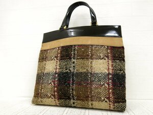 ◆超美品◆BURBERRY バーバリー◆エナメル パテント スエード レザー 本革 ウール◆ハンド トート バッグ◆ベージュ ブラック G金具◆A4009