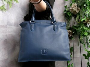 ●超美品●LOEWE ロエベ●フラメンコ●アナグラム●ロゴ 型押し カーフ レザー 本革●ハンド バッグ●ネイビー 青●SV金具●B5●Js44652