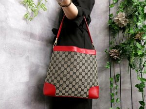 超美品●GUCCI グッチ●GGキャンバス●カーフ レザー 本革●ワンショルダー バッグ●ネイビー 赤 ベージュ●G金具●B5 収納 書類●Js44787