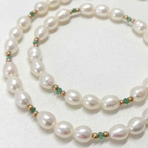 ［K18 淡水パールネックレス］f 重量約12.6g 約43.0cm Perl オーバル 真珠 飾り珠 14金 necklace DC5
