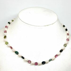 トルマリン付き!!［K18 淡水パールネックレス］m 重量約18.3g 43.0cm 真珠 オーバル necklace tourmaline pink green DC5