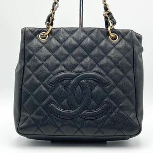 1円 【極美品】 CHANEL シャネル デカココ キャビアスキン ゴールド金具 チェーン トートバッグ チェーントート ブラック 黒 シール有