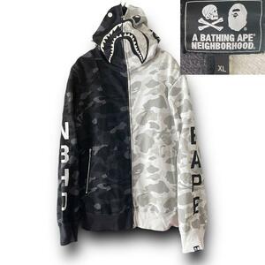 希少size XL NEIGHBORHOOD × A BATHING APE ネイバーフッド × エイプ カモフラ シャーク パーカー フーディ 日本製