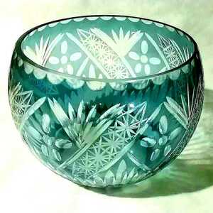 【切り子】★色被せ 切子 藍色 深鉢皿 花器★サラダボール 花瓶 フラワーベース クリスタル ガラス カット グラス オブジェ