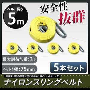 ナイロンスリングベルト 5m 幅75mm 荷重3000kg 3t 玉掛け ベルトスリング 吊上げ ロープ 牽引 お買い得! 5本セット