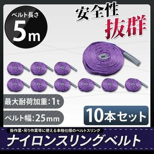 ナイロンスリングベルト 5m 幅25mm 荷重1000kg 1t 玉掛け ベルトスリング 吊上げ ロープ 牽引 お買得! 10本セット