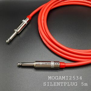 新品【5m】赤モガミ2534＋サイレントプラグ仕様SS型★ギターシールドケーブル