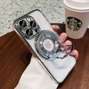 即決◆iPhone 15 クリアケース アイフォン15 ケース iPhone15 カバー スタンド付き メッキ加工 MagSafe充電 レンズ保護