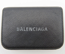 K02 BALENCIAGA バレンシアガ ロゴ レザー 3つ折り コンパクト 財布 ブラック_画像1