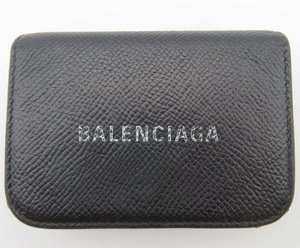 K02 BALENCIAGA バレンシアガ ロゴ レザー 3つ折り コンパクト 財布 ブラック