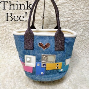 美品 Think Bee! ハンドバッグ デニム ジャストハート パッチワーク