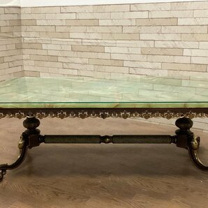 ロココ調 バロック真鍮 大理石天板 センターテーブル ローテーブル ガラス天板付き 机 猫脚 グリーンオニキス イタリアアンティーク (貝451の画像3