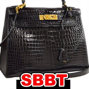 エルメス　ケリー28　外縫い　黒　クロコダイル ポロサス　G金具　〇T刻印　ブラック Black ケリー クロコ HERMES Kelly28 本物 sbbt