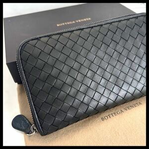 ★【極美品！希少！】 BOTTEGA VENETA ボッテガヴェネタ イントレチャート 長財布 ラウンドファスナー　ブラック　定価7.8万 5-1