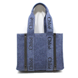 美品 クロエ Chloe WOODY ミディアム トートバッグ CHC23US383K3545D デニム/シャイニーカーフスキン Denim 24/01/23購入品