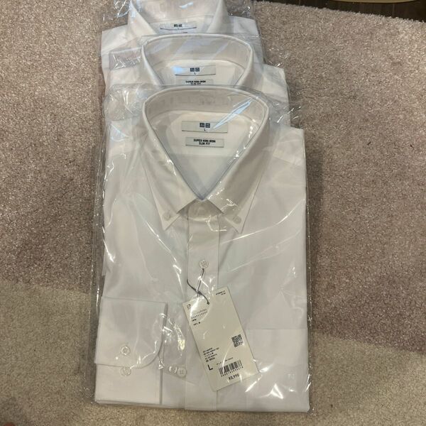 ユニクロ　スーパーノンアイロン　スリム　 ワイシャツ Yシャツ 長袖 白　ボタンダウン　新品　未使用　L 3着