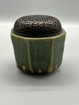 古日本★織部焼 純銀製蓋60g茶道具 共布 大名家在銘_画像4