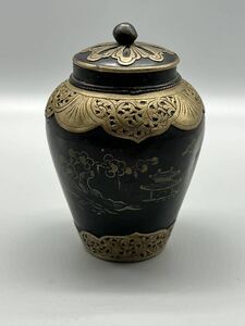 古中国 民国時期★金描き茶入 茶道具 置物 蓋物 古美術 茶壷 