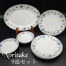 Noritake 楕円プレート 丸皿 小皿 9点セット プレートセット ノリタケ　ブルー系 花柄　洋食器　取り皿　アンティーク【100n178】_画像1