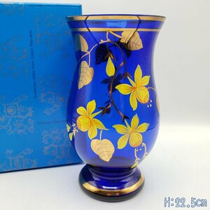 【未使用品】ボヘミアンガラス ダークブルー 花瓶 花絵 フラワーベース 花器 クリスタルガラス 硝子工芸 華道具 インテリア【80t3346】