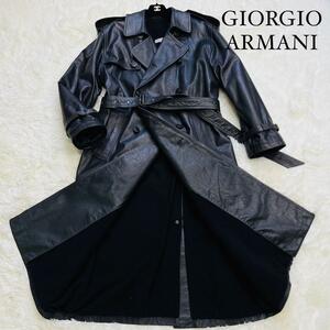 超激レア/超巨大/本革/ジョルジオアルマーニ◎GIORGIO ARMANI レザートレンチコート ロングコート ジャケット ブラック 黒 実寸 3XL〜４XL