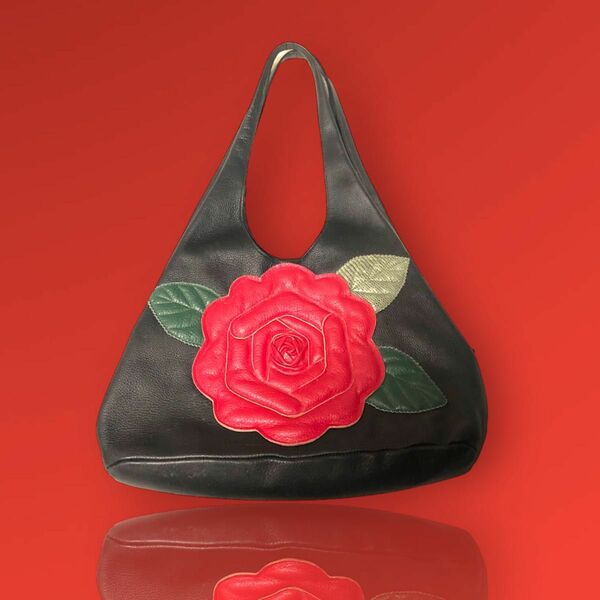 レザー ハンドバッグ ショルダー 婦人鞄 黒 トートバッグ　薔薇刺繍　花　3D ヴィンテージ　本革