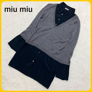 美品 miumiu ワイシャツ レイヤード ニット セーター 襟付 シルク 絹 miu miu ミュウミュウ セット くっついた レディース