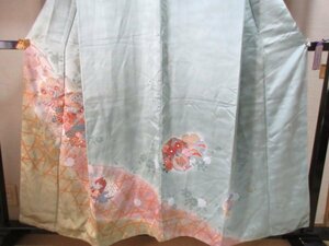 Art hand Auction 27418 Kimono de visite♪Magnifique!Vert mousse!Yuzen peint à la main!Couleur dorée!Motif anneaux neige!Inscription!Longueur 158!Manche 62!Presque en bon état♪, kimono femme, kimono, Robe de visite, Adapté