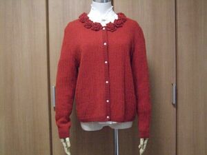 ハンドメイド（機械編み）タックレース編みの赤色カーディガン/大きめサイズ