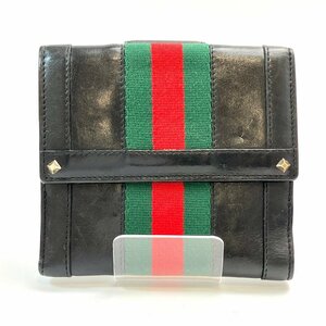 A) GUCCI グッチ シェリーライン×レザー Wホック 2つ折り財布 120927・203887 カード/札/コイン収納 ブラック系 中古 USED