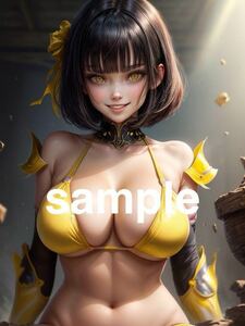 006 AI girls オリジナル コスプレ美少女 アートポスター 、イラスト、A4、光沢紙 セクシー ビキニ 黄色水着 おっぱい