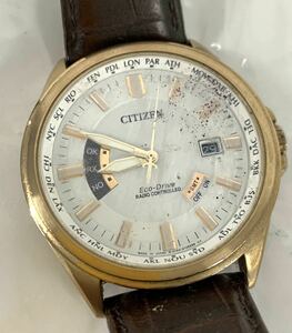 ジャンク リューズ回らず 腕時計 CITIZEN シチズン Eco-Drive エコドライブ H145-S07360 現状品 ベルト金具破損 フェイス汚れ カ4