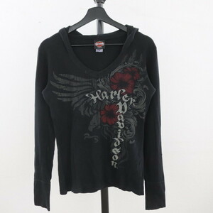 e93 2000年代製 HarleyDavidson ハーレーダビットソン 長袖Tシャツ USA製■00s 表記Sサイズ レディース ブラック フーディー ロンT 古着