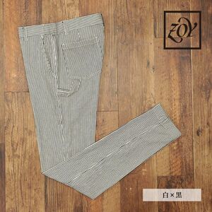 1円/春夏/ZOY/85cm/美脚 ヒッコリーパンツ 清涼 ストレッチ◎ ストライプ お洒落 日本製ブランド ゴルフウェア 新品/白×黒/ga107/