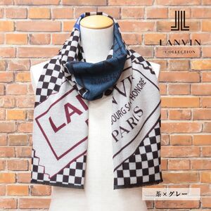 1円/LANVIN/ストール しっとりレーヨン チェック＆ロゴ インパクト抜群 遊び心 お洒落 モード イタリア製 新品/茶×グレー/hf171/