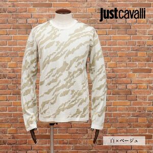 1円/春夏/Just cavalli/XLサイズ/丸首サマーニット なめらか ジャガード 迷彩柄 イタリア製 ワイルド ちょいワル 新品/白×ベージュ/id208/