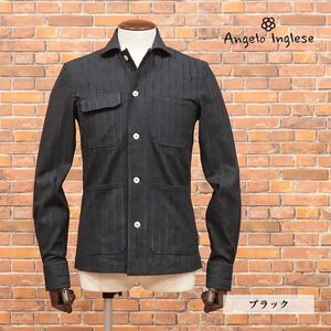 1円/Angelo inglese/48サイズ/イタリア製キューバ シャツ ヘリンボーン モール 鳥足縫い ダンディ 長袖 新品/黒/ブラック/hb386/