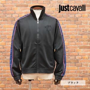 1円/Just cavalli/Lサイズ/トラックジャケット ジャージー伸縮 ヒョウ柄ライン トラ ワッペン スポーティー 新品/黒/ブラック/id212/