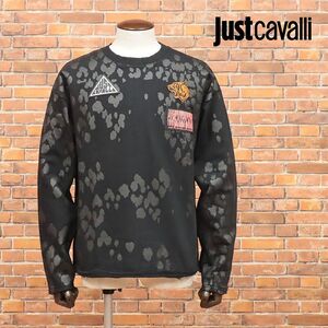 1円/Just cavalli/Sサイズ/丸首トレーナー スウェット伸縮 トラ ワッペン ダメージ加工 イタリア製 ちょいワル 新品/黒/ブラック/id224/