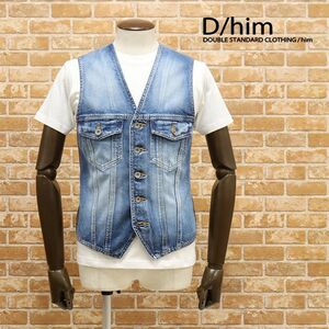 1円/春夏/D/him/46サイズ/日本製デニム ベスト ウォッシュ ダメージ加工 サテン切替 ワイルド ジレ チョッキ 新品/青/ブルー/gb421/