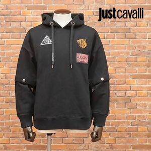 1円/Just cavalli/Mサイズ/2WAYパーカー スウェット伸縮 トラ ワッペン BIGシルエット ストリート 新品/黒/ブラック/id217/