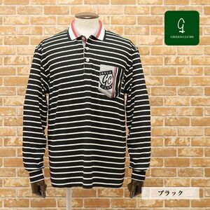 1円/GREENCLUBS/5(XL)サイズ/日本製ポロシャツ イタリア産 伸縮性◎ ボーダー 胸ポケット 長袖 ゴルフ 新品/黒/ブラック/gt129/