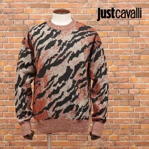 1円/秋冬/Just cavalli/Lサイズ/丸首ニット ウール混ミドルゲージ ジャガード タイガーカモ柄 イタリア製 新品/グレー×黒/id210/