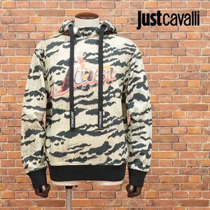 1円/Just cavalli/Lサイズ/アニマル柄プリント パーカー スウェット 伸縮性◎ ロゴ レタード BIGシルエット 新品/ベージュ×黒/id215/