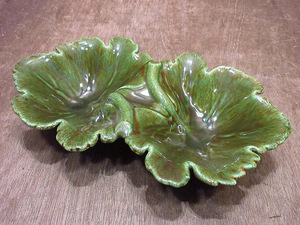 ビンテージ●リーフセラミックトレイ●240211i4-bxs陶器葉植物緑グリーン