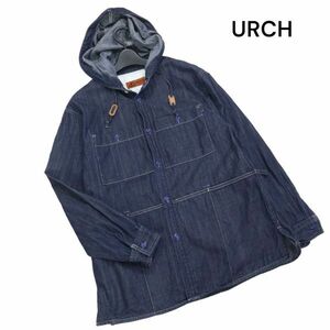 URCH RNA arch a-ruene-B2598 through year apron pocket! with a hood . Denim shirt jacket Sz.M lady's K4T00130_2#O