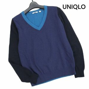 UNIQLO ユニクロ 秋冬 カシミヤ100%♪ 切替 Vネック ニット セーター Sz.M　レディース　K3T00413_9#K